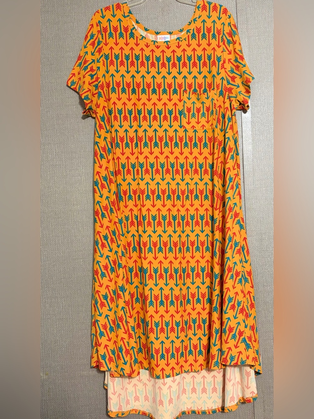 LuLaRoe Carly Swing Orange Red Teal Arrow Print High-Low Dress